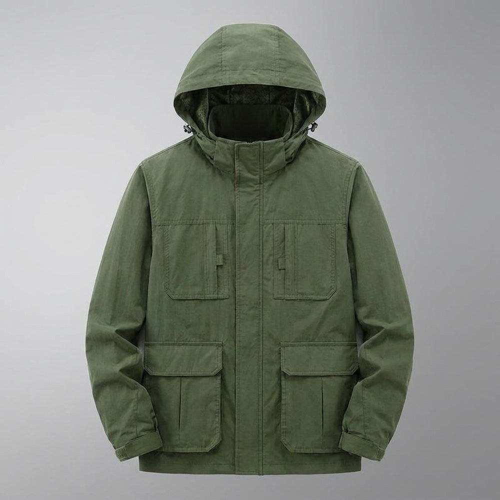Pavia Hooded Cargo Jacket for men in Army Green, laid flat, front view with hood, front zip and four flap pockets