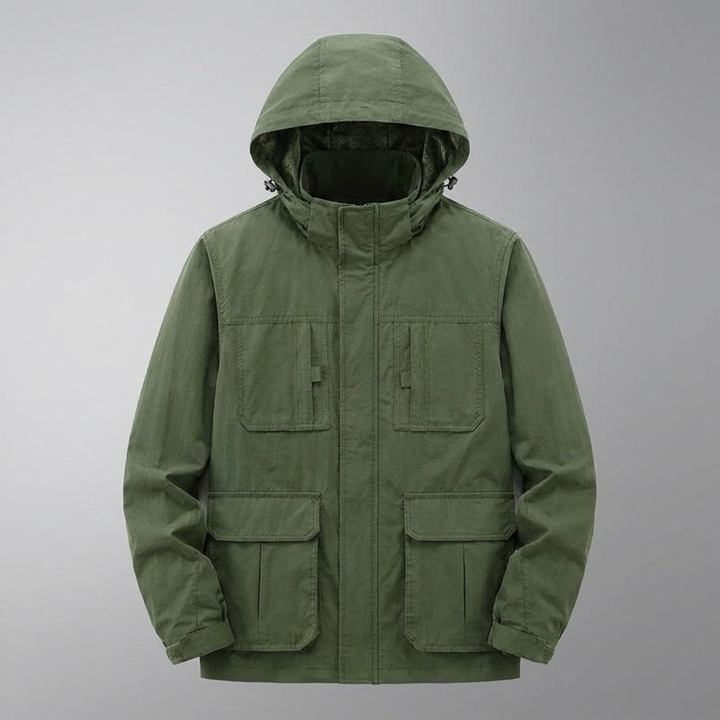 Pavia Hooded Cargo Jacket for men in Army Green, laid flat, front view with hood, front zip and four flap pockets