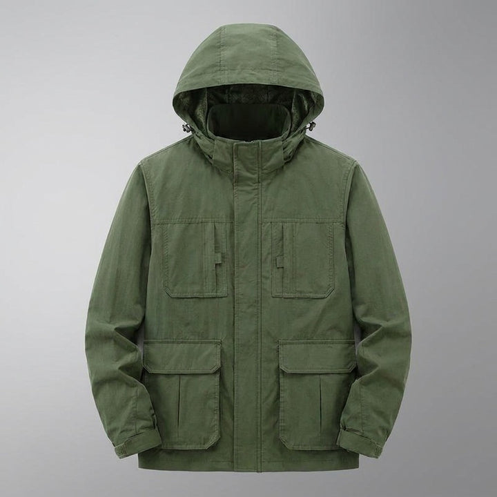 Pavia Hooded Cargo Jacket for men in Army Green, laid flat, front view with hood, front zip and four flap pockets