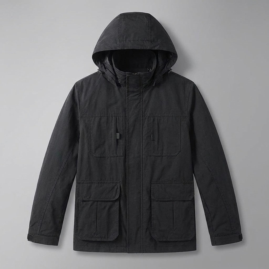 Pavia Hooded Cargo Jacket for men in Black, laid flat, front view with hood, front zip and four flap pockets