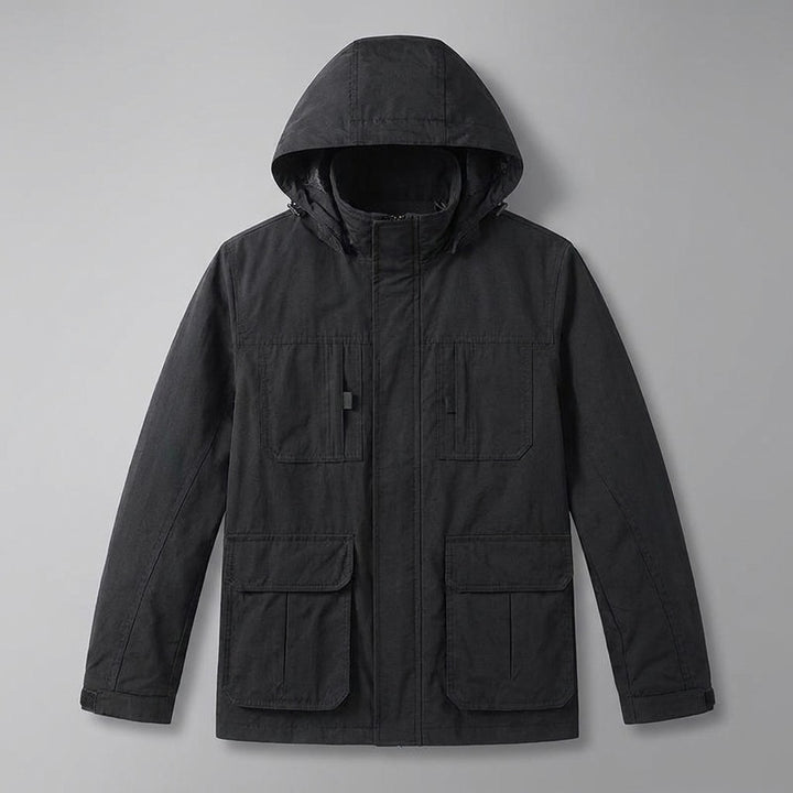 Pavia Hooded Cargo Jacket for men in Black, laid flat, front view with hood, front zip and four flap pockets