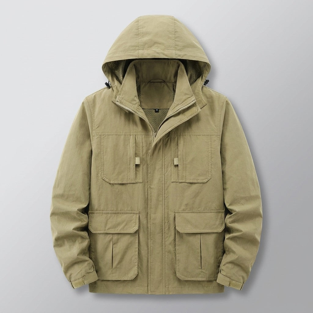 Pavia Hooded Cargo Jacket for men in Khaki, laid flat, front view with hood, front zip and four flap pockets
