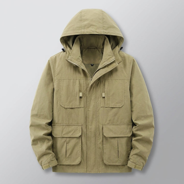 Pavia Hooded Cargo Jacket for men in Khaki, laid flat, front view with hood, front zip and four flap pockets