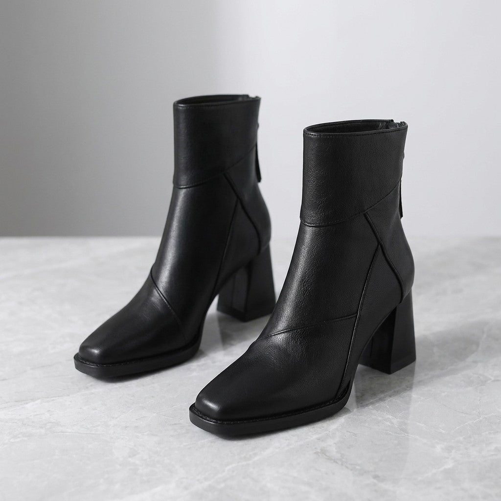 Tropea Paneled Ankle Boots — Black, pair of boots, three-quarter view on light grey marble