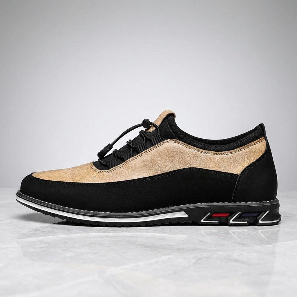 Sutri Leather Slip-On Shoes — Sand, single shoe in side profile on light-grey marble