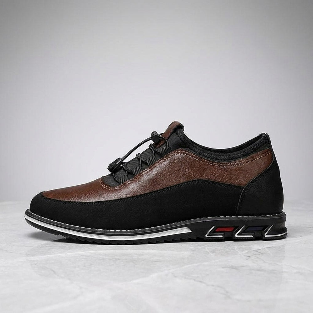 Sutri Leather Slip-On Shoes — Chestnut Brown, single shoe in side profile on light-grey marble