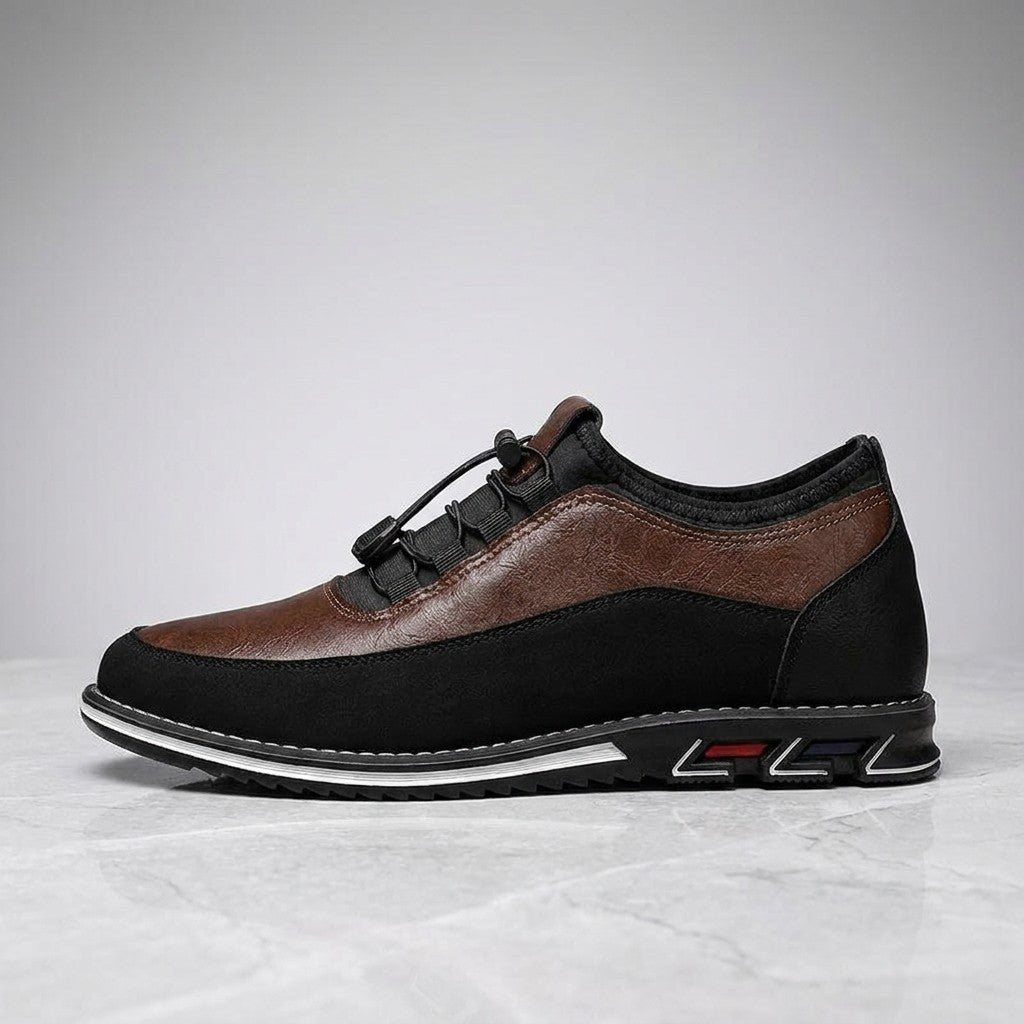 Sutri Leather Slip-On Shoes — Chestnut Brown, single shoe in side profile on light-grey marble