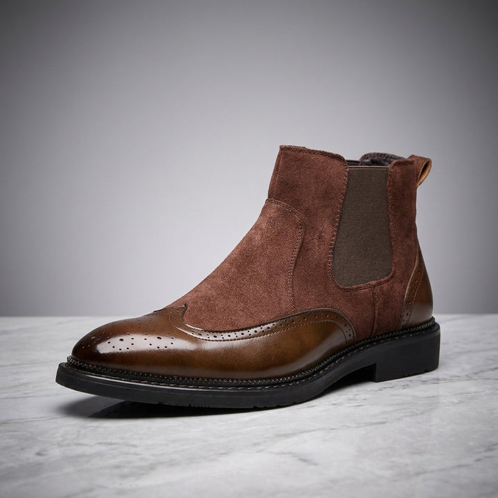 Montefalco Brogue Chelsea Boots — Brown, single boot in side profile on light grey marble