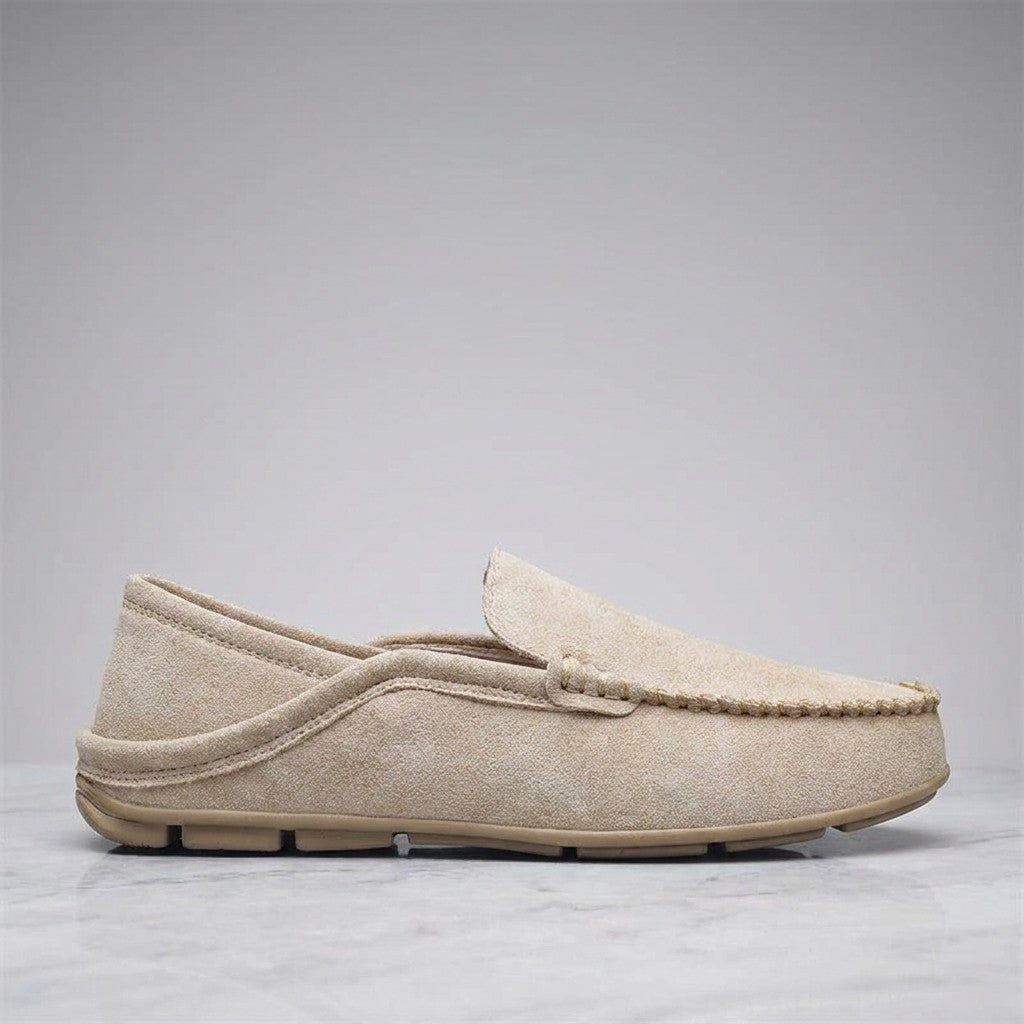 Menaggio Suede Loafers — Khaki, single loafer in side profile on light grey marble