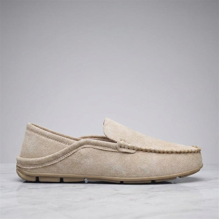 Menaggio Suede Loafers — Khaki, single loafer in side profile on light grey marble