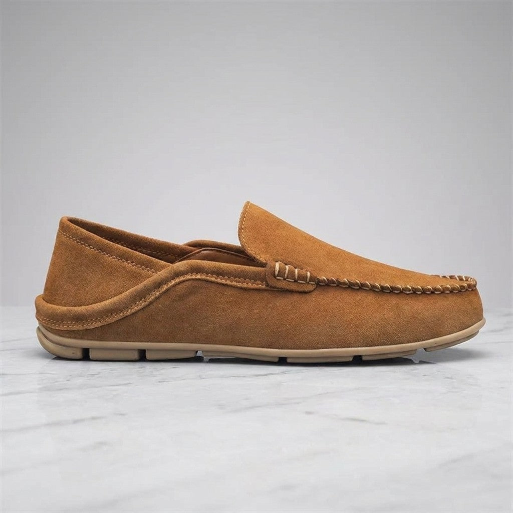 Menaggio Suede Loafers — Apricot, single loafer in side profile on light grey marble