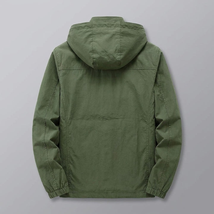 Pavia Hooded Cargo Jacket for men in Army Green, laid flat, back view with hood