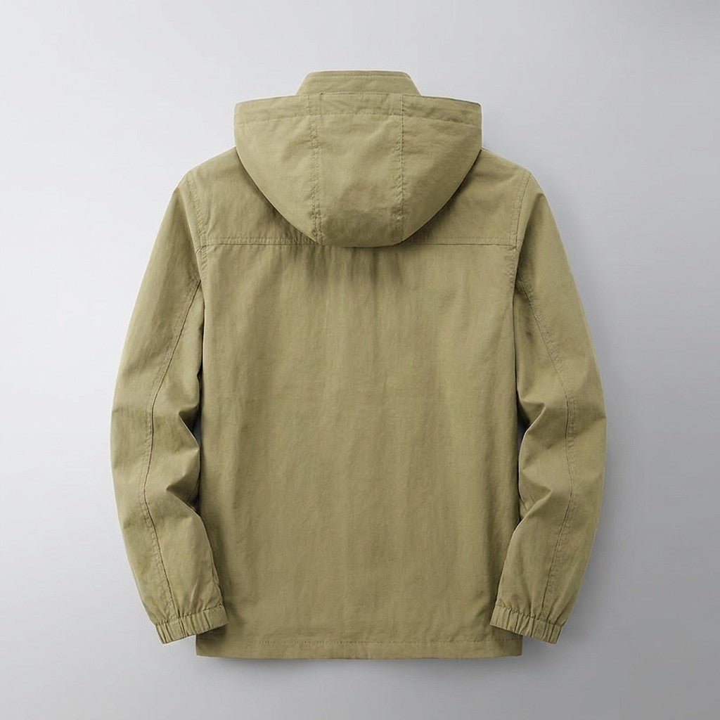 Pavia Hooded Cargo Jacket for men in Khaki, laid flat, back view with hood