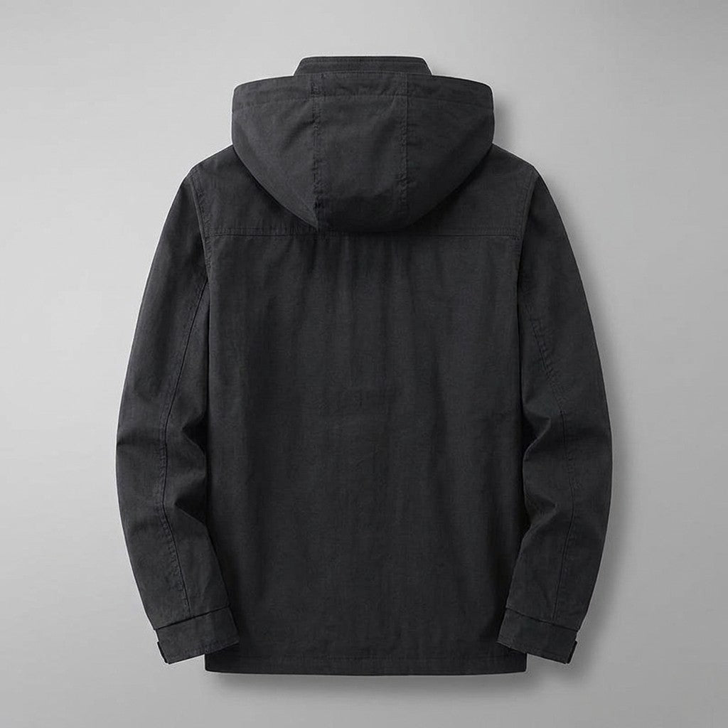 Pavia Hooded Cargo Jacket for men in Black, laid flat, back view with hood