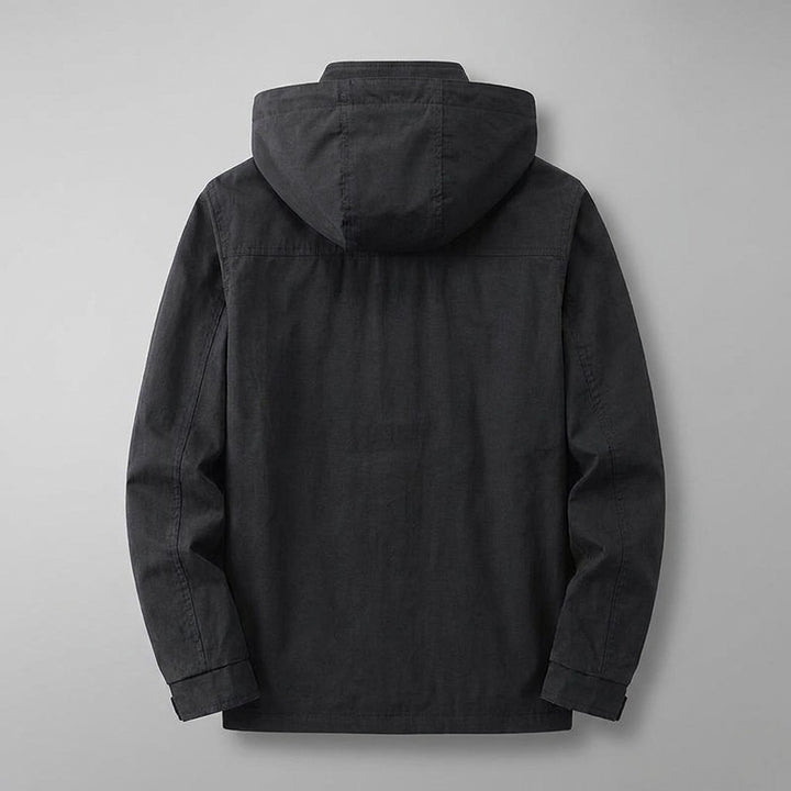 Pavia Hooded Cargo Jacket for men in Black, laid flat, back view with hood