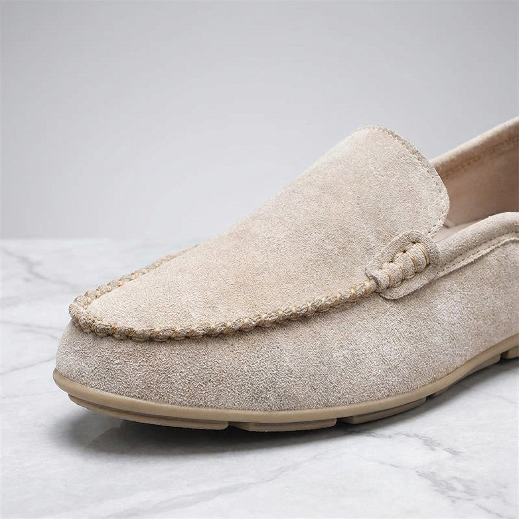 Menaggio Suede Loafers — Khaki, close-up of the suede and whipstitched toe