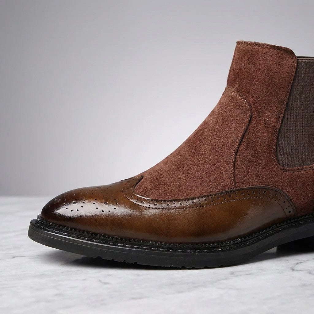 Montefalco Brogue Chelsea Boots — Brown, close-up of the brogue toe cap, suede shaft and elastic side panel