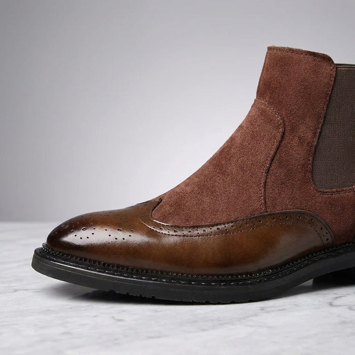Montefalco Brogue Chelsea Boots — Brown, close-up of the brogue toe cap, suede shaft and elastic side panel