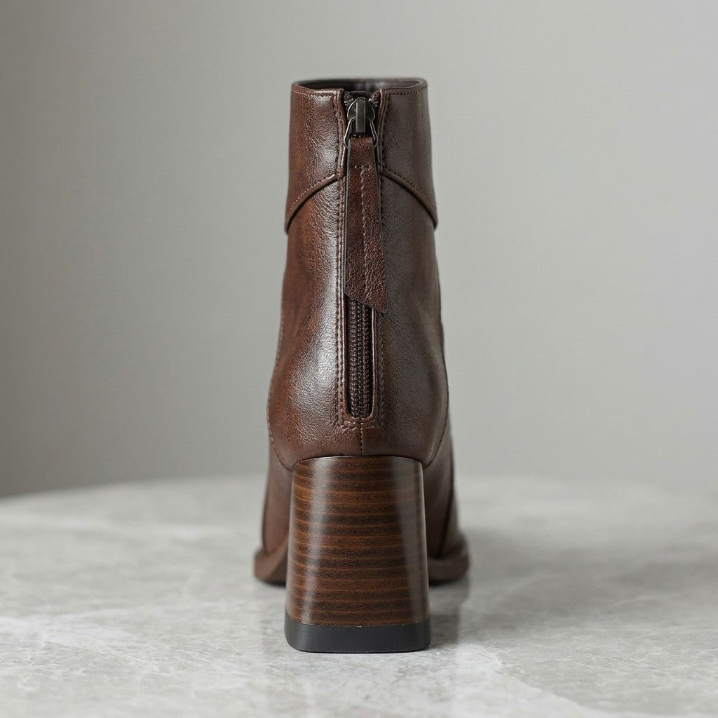 Tropea Paneled Ankle Boots — Brown, close-up from behind of the centered back zip and stacked block heel