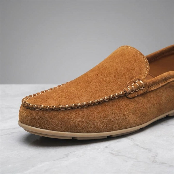 Menaggio Suede Loafers — Apricot, close-up of the suede and whipstitched toe