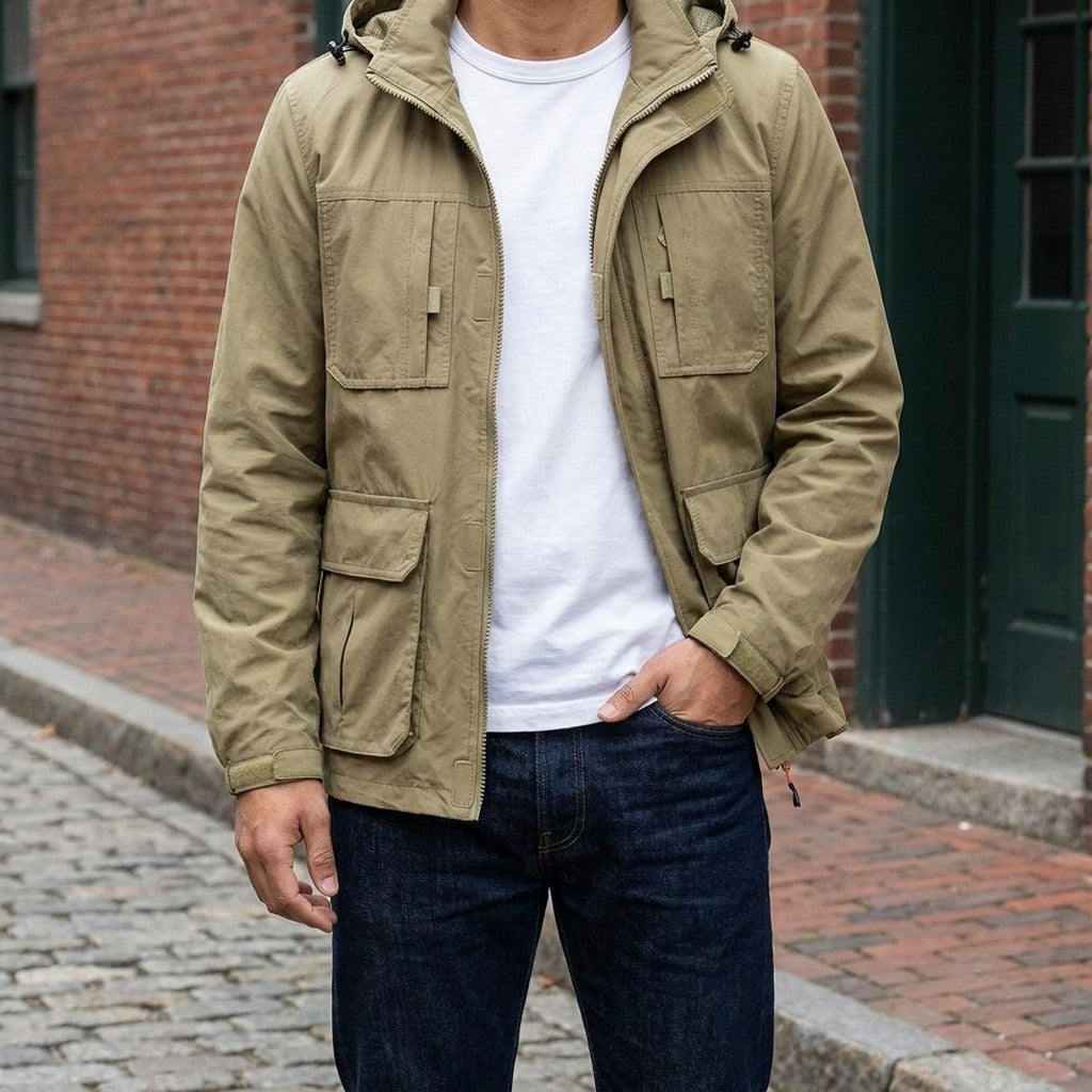 Man wearing the Pavia Hooded Cargo Jacket in Khaki open over a white tee on a brick-lined street