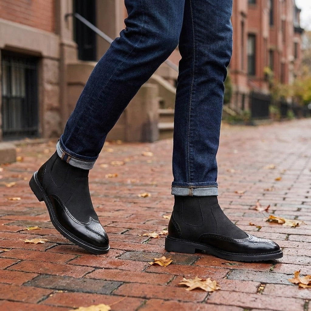 Montefalco Brogue Chelsea Boots — Black, worn with cuffed dark jeans on a brick sidewalk in Boston&