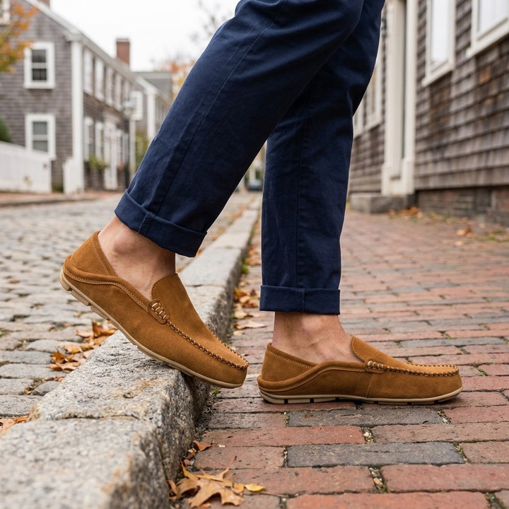 Menaggio Suede Loafers — Apricot, worn sockless with cuffed navy chinos on a cobblestone street curb