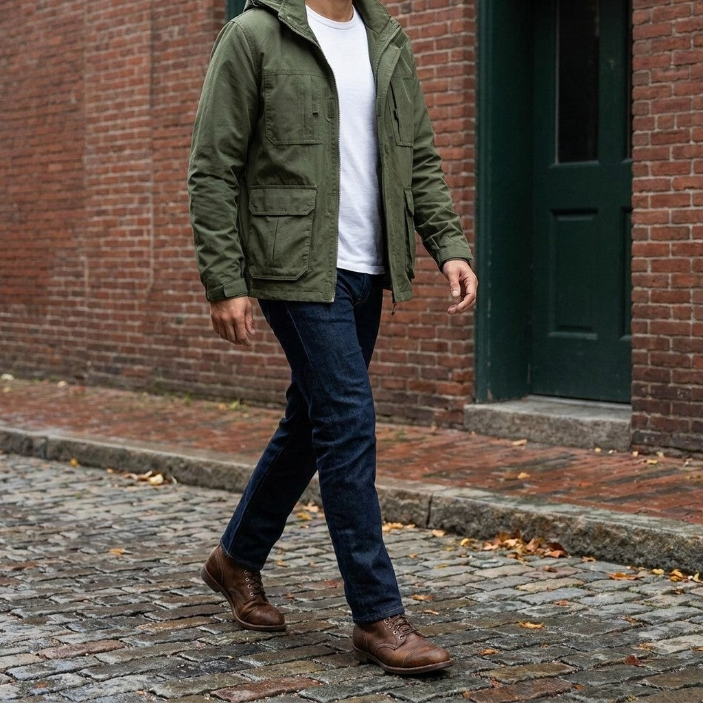 Full outfit: Pavia Hooded Cargo Jacket in Army Green with dark jeans and brown boots, walking on a cobblestone street