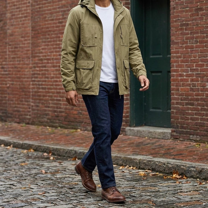 Full outfit: Pavia Hooded Cargo Jacket in Khaki with dark jeans and brown boots, walking on a cobblestone street