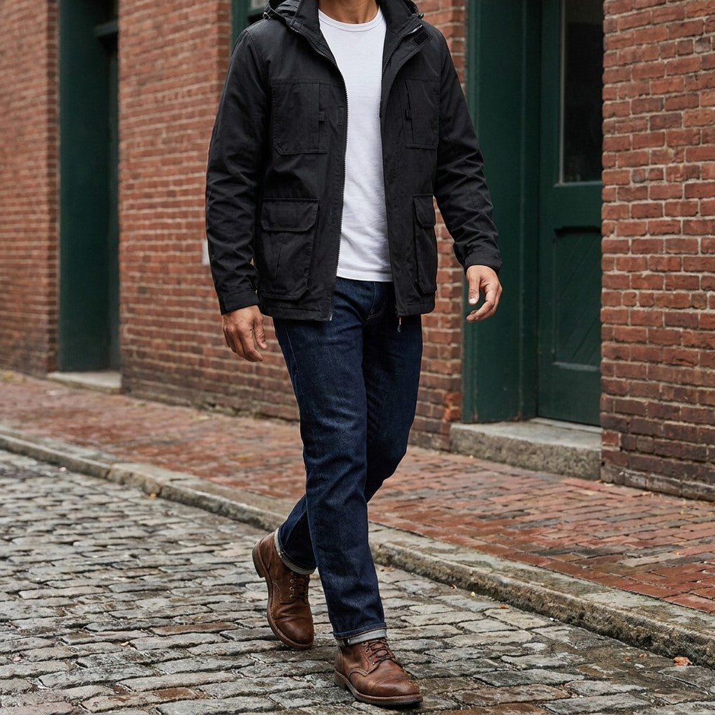 Full outfit: Pavia Hooded Cargo Jacket in Black with dark jeans and brown boots, walking on a cobblestone street