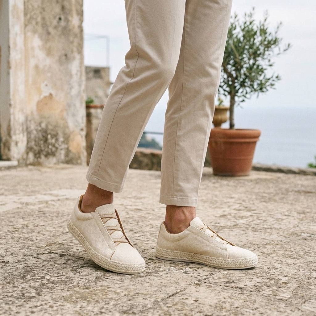 Ponza Espadrille Sneakers — Cream, worn on a coastal stone terrace