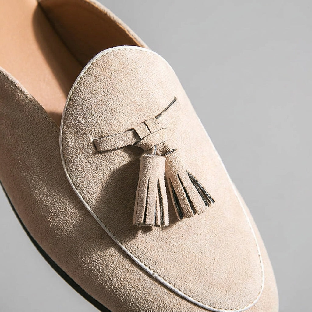 Fasano Suede Mules — Beige, close-up tassel and vamp suede texture