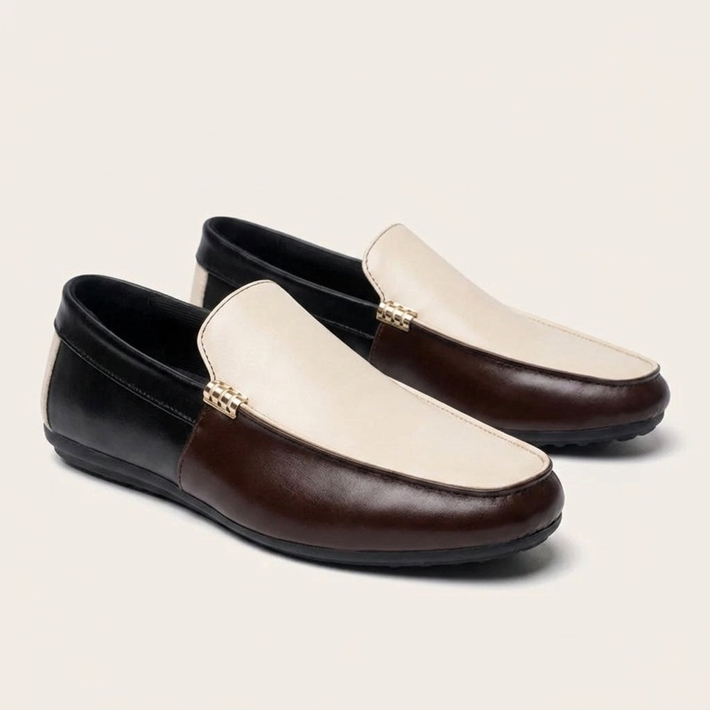 Salerno Two-Tone Loafers — Cream &amp; Brown, three-quarter studio view