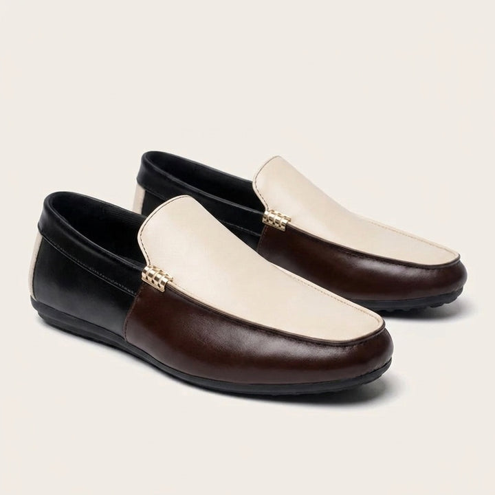 Salerno Two-Tone Loafers — Cream &amp; Brown, three-quarter studio view
