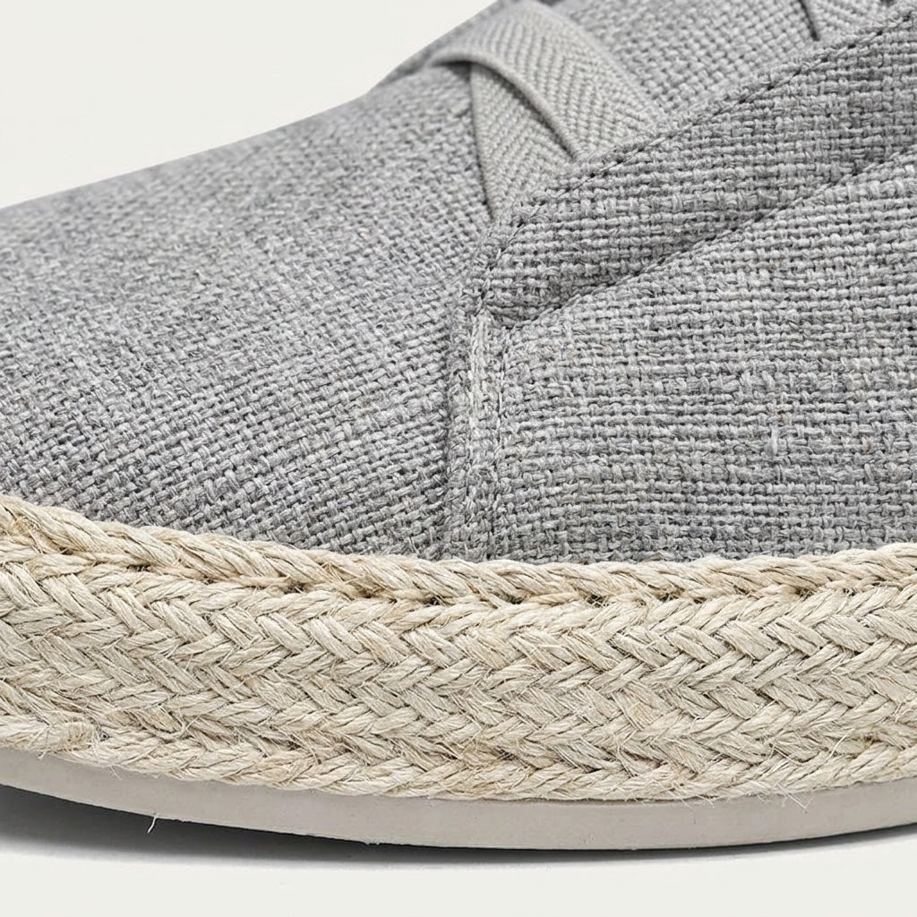 Ponza Espadrille Sneakers — Grey, woven upper and rope trim close-up