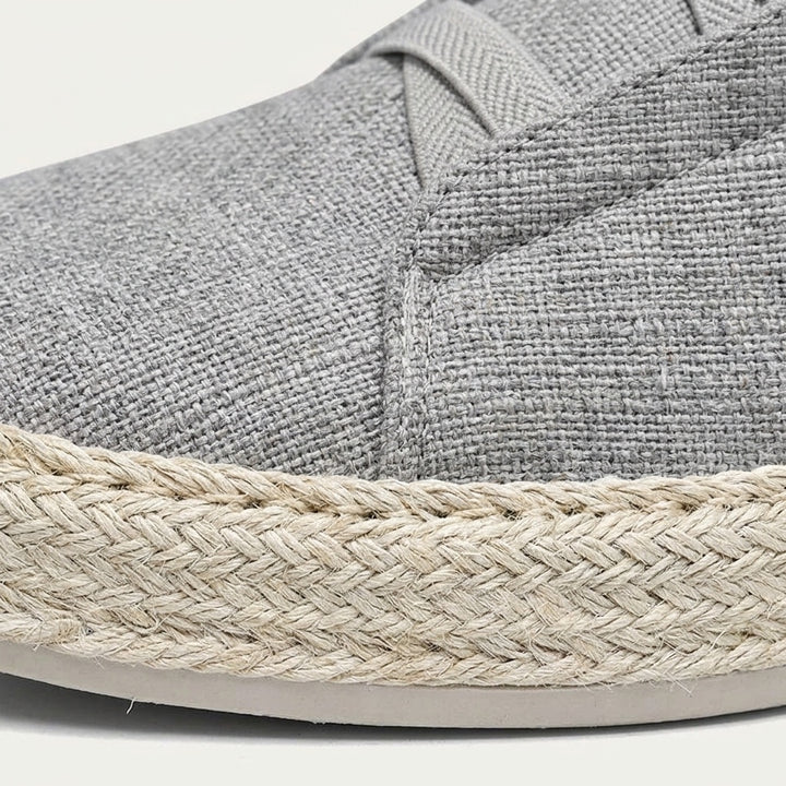 Ponza Espadrille Sneakers — Grey, woven upper and rope trim close-up