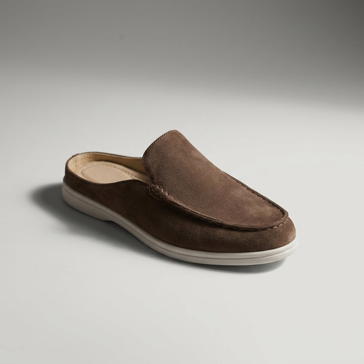 Salcombe Suede Loafers — Brown, three-quarter front-right studio view