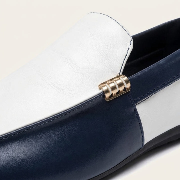 Salerno Two-Tone Loafers — Navy &amp; White, gold vamp bar close-up