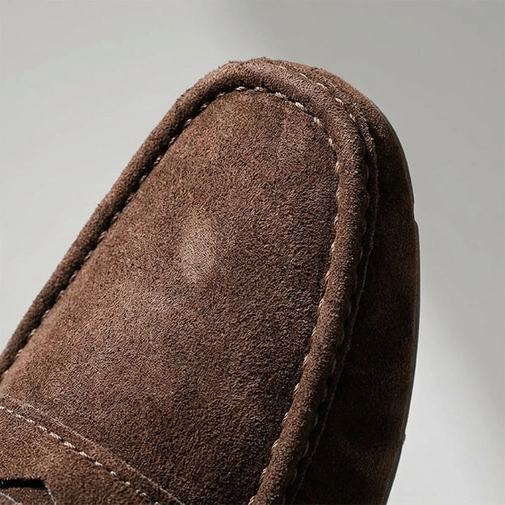 Recco Suede Loafers — Brown, hand-stitched seam close-up