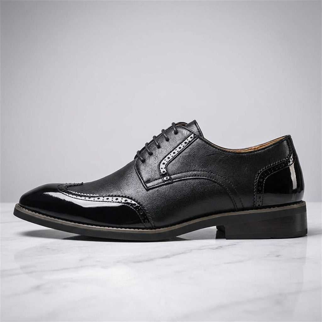 Urbino Leather Wingtip Brogues — Black, side profile studio view