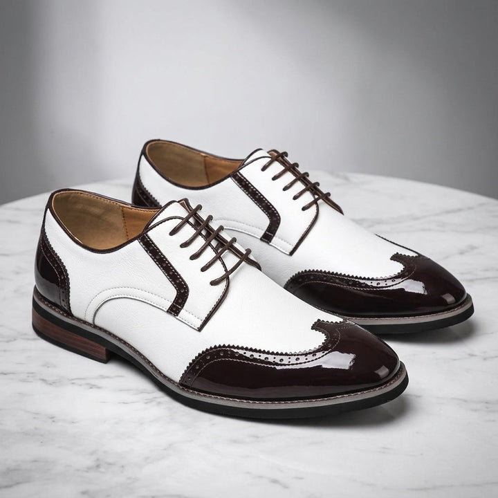 Urbino Leather Wingtip Brogues — White, three-quarter studio view of the pair
