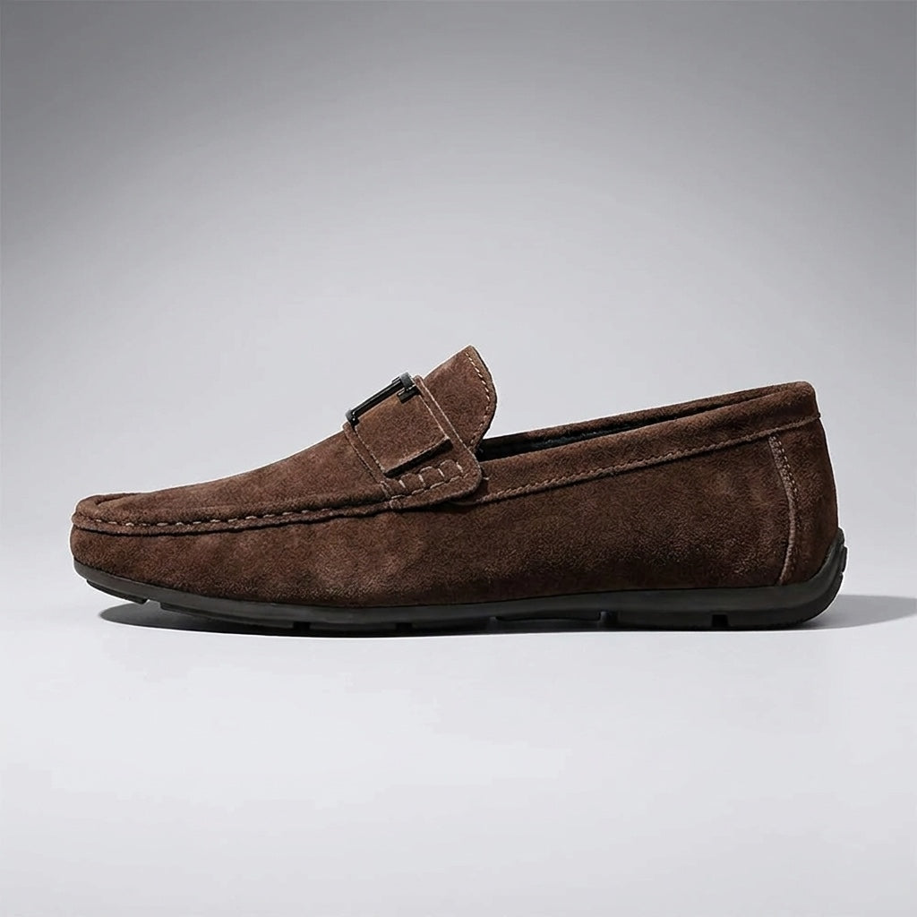 Recco Suede Loafers — Brown, side profile studio view