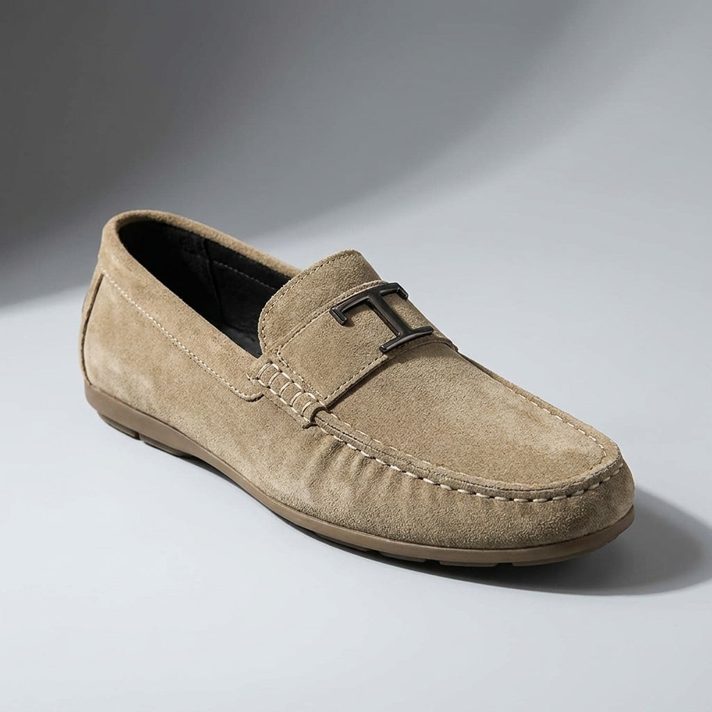 Recco Suede Loafers — Khaki, three-quarter studio view