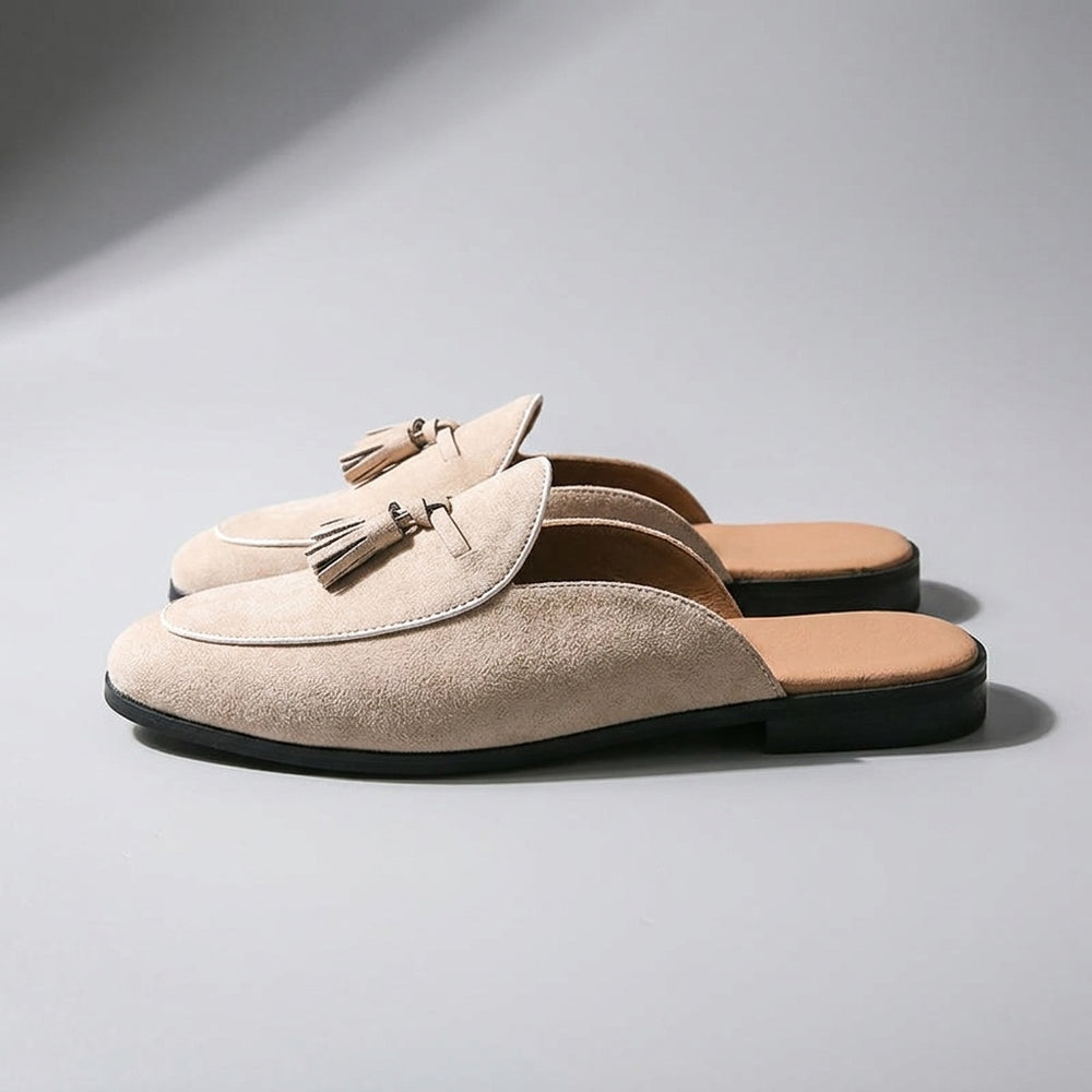 Fasano Suede Mules — Beige, side profile, full silhouette toe to heel