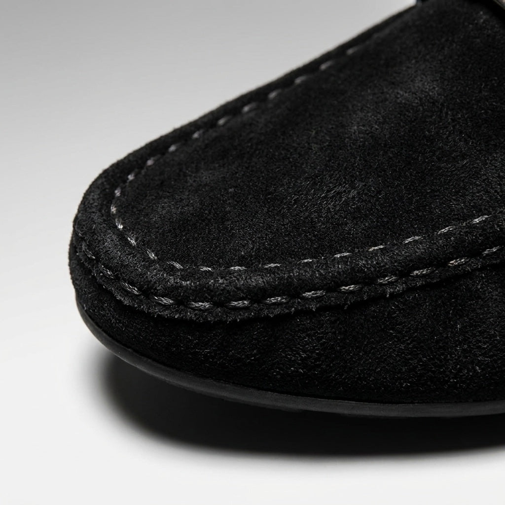 Recco Suede Loafers — Black, hand-stitched seam close-up