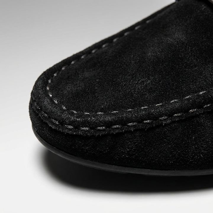Recco Suede Loafers — Black, hand-stitched seam close-up