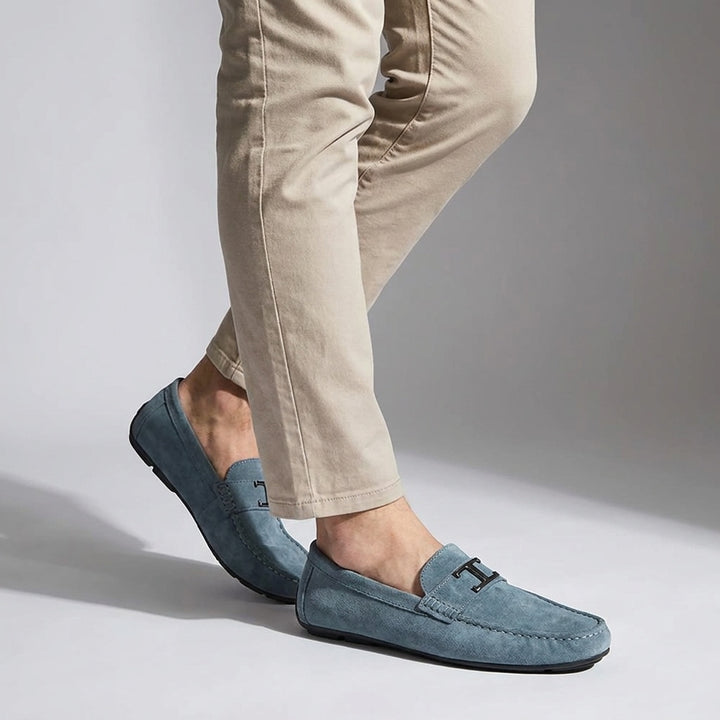 Recco Suede Loafers — Blue, male model knee-down studio