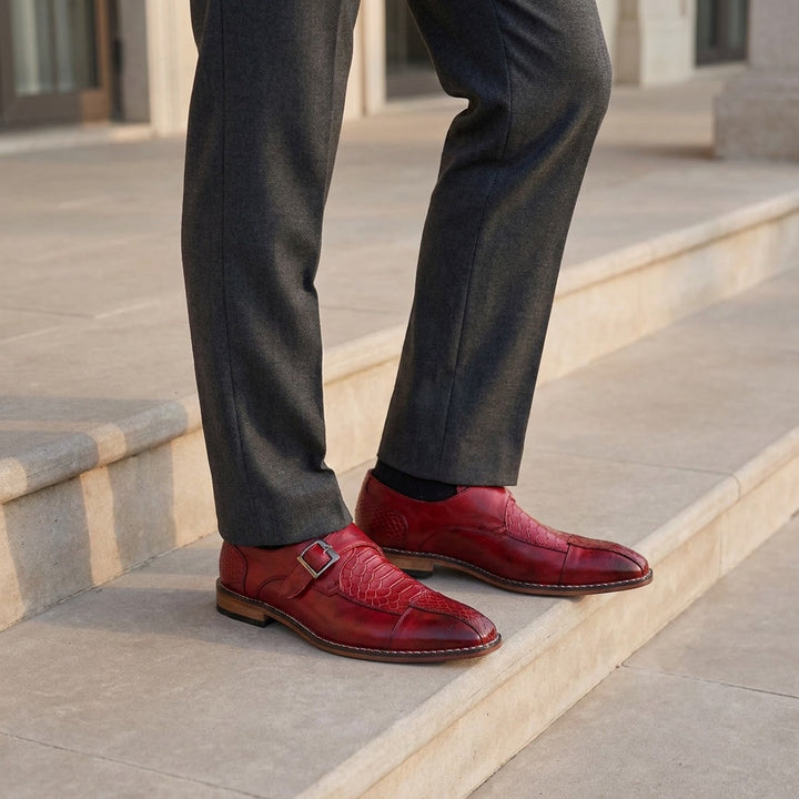 Arezzo Monk Straps — Red, worn on stone steps outside a venue
