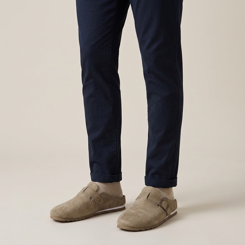 Ragusa Suede Mules — Sand, worn on model, studio