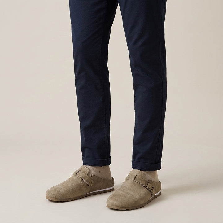 Ragusa Suede Mules — Sand, worn on model, studio